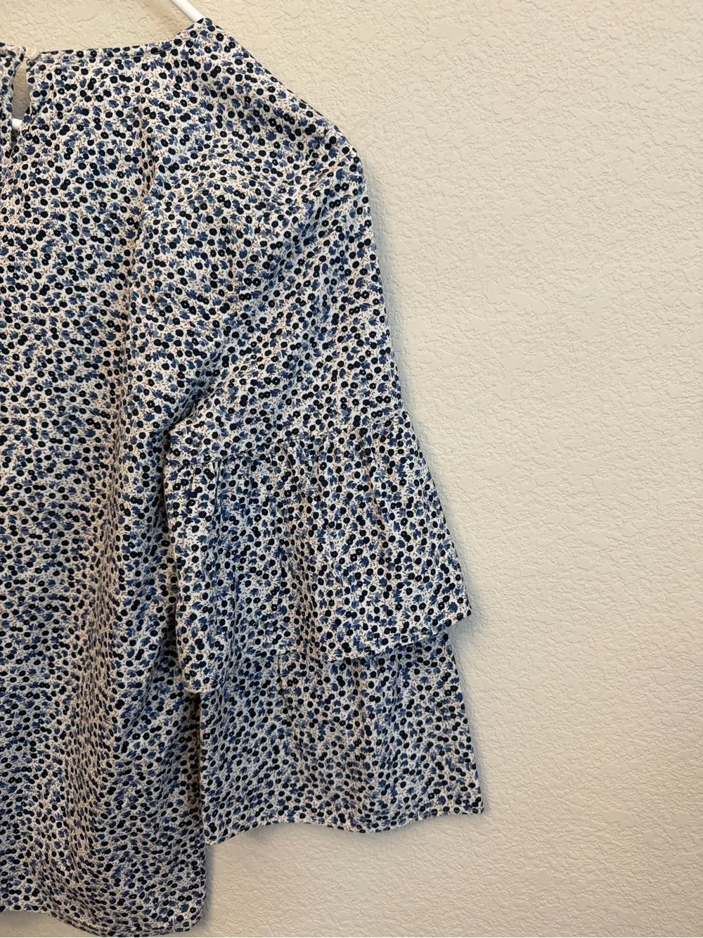 J. Crew Blue and White Ditsy floral Tiered Bell Sleeve Blouse Sz 8